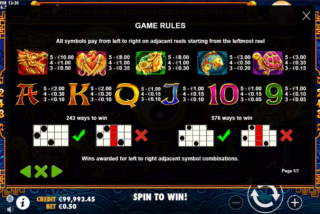 Full paytable for 5 Lions slot machine