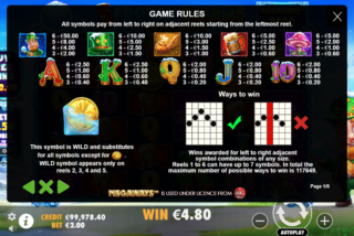 Full paytable for the 5 Frozen Charms Megaways slot