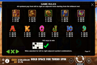 Full paytable for the Diamonds of Egypt slot