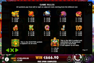 Full paytable for the Fat Panda slot machine