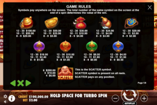 Full paytable for the Happy Fortune slot machine