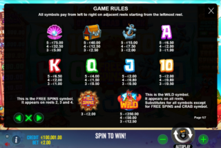 Full paytable for the Lobster Bob's Crazy Crab Shack slot
