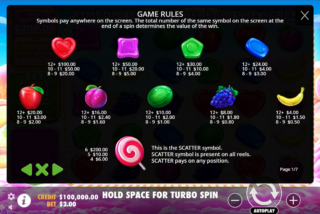 Full paytable for the Sweet Bonanza 1000 slot machine