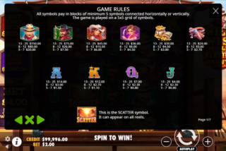 Full paytable for the Wild West Gold Blazing Bounty slot