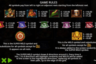Full paytable of the Fire Archer slot machine