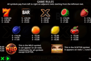 Full paytable of the Hot to Burn 7 Deadly Free Spins slot machine