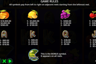 Full paytable of the Mighty Munching Melons slot machine
