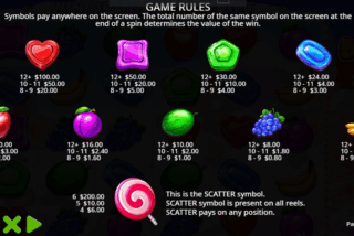 Full paytable of the Sweet Bonanza Super Scatter slot machine