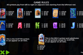 Full paytable of the Yeti Quest slot machine
