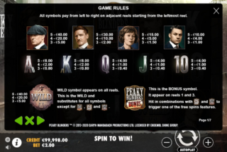 Paytable for Peaky Blinders slot machine