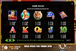 Paytable for Wild Gladiators slot machine