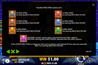 Players can pick from 7 combinations of free spins and multipliers