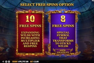 Two Free spins choices in Magician's Secrets slot